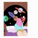 Girl Bed Space Planets Spaceship Rocket Astronaut Galaxy Universe Cosmos Woman Dream Imagination Bed Small Garden Flag (Two Sides) Front