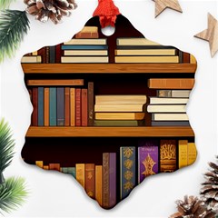 Book Nook Books Bookshelves Comfortable Cozy Literature Library Study Reading Room Fiction Entertain Snowflake Ornament (two Sides) by Maspions