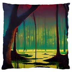 Nature Swamp Water Sunset Spooky Night Reflections Bayou Lake Large Premium Plush Fleece Cushion Case (two Sides) by Posterlux