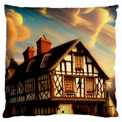 Village House Cottage Medieval Timber Tudor Split Timber Frame Architecture Town Twilight Chimney Large Cushion Case (one Side) by Posterlux
