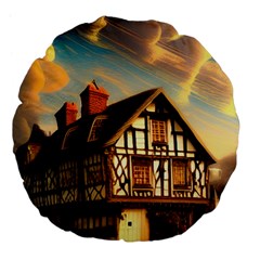 Village House Cottage Medieval Timber Tudor Split Timber Frame Architecture Town Twilight Chimney Large 18  Premium Flano Round Cushions by Posterlux