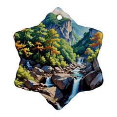 Serene Mountain Waterfall Landscape Ornament (snowflake) by ExtraAwesomeSauce