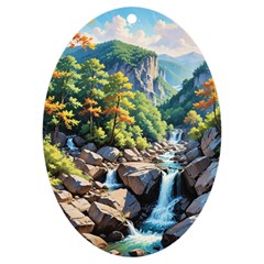 Serene Mountain Waterfall Landscape Uv Print Acrylic Ornament Oval by ExtraAwesomeSauce