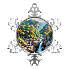 Serene Mountain Waterfall Landscape Metal Small Snowflake Ornament by ExtraAwesomeSauce