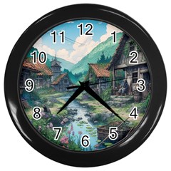 Village Nature Winter Landscape Wall Clock (black) by Salmanaz77