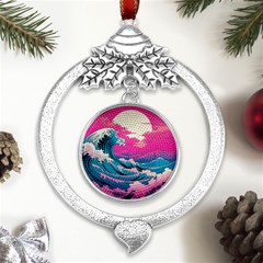Waves Mountains Sky Metal Silver X mas Leaves Round Ornament by Grandong