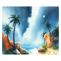 Delicate Watercolor Painting Surreal Oasis Scene With Intense Dramatic Lighting Premium Plush Fleece Blanket (small) by pollyparadiseartshop