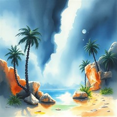Delicate Watercolor Painting Surreal Oasis Scene With Intense Dramatic Lighting Play Mat (rectangle) by pollyparadiseartshop