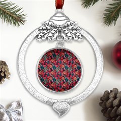 Red Flowers 2 Metal Silver X mas Leaves Round Ornament by DinkovaArt