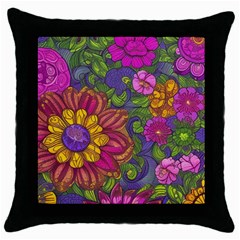 Mid Century Retro Floral 1970s 1960s Pattern 55 Throw Pillow Case (black) by violetheavensky