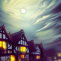 Village Moon Cloudy Historical Tudor Architecture Houses Town Night Windows City Play Mat (rectangle) by Posterlux