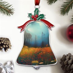 Wildflowers Field Outdoors Clouds Trees Cover Art Storm Mysterious Dream Landscape Metal Holly Leaf Bell Ornament by Posterlux