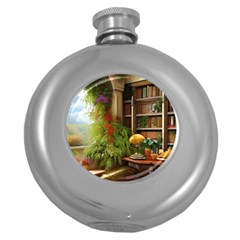 Room Interior Library Books Bookshelves Reading Literature Study Fiction Old Manor Book Nook Reading Round Hip Flask (5 Oz) by Posterlux