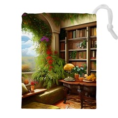 Room Interior Library Books Bookshelves Reading Literature Study Fiction Old Manor Book Nook Reading Drawstring Pouch (5xl) by Posterlux